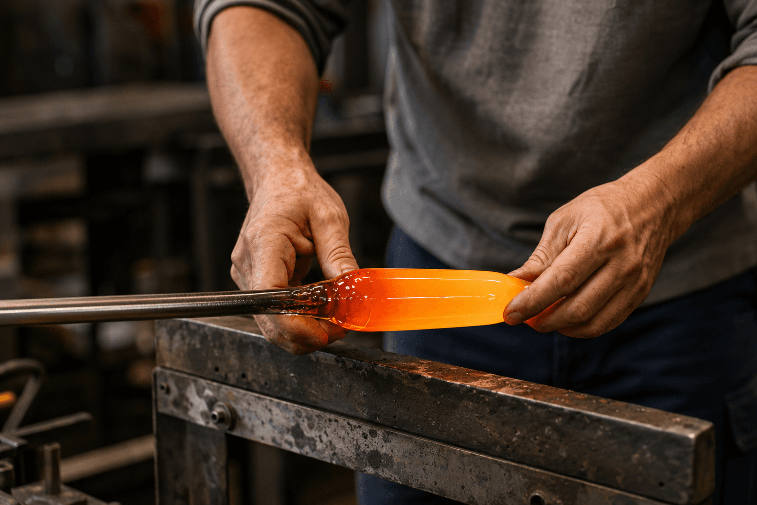 Artisan shaping molten glass in a workshop